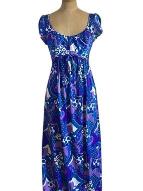 VTG Sirena Maxi Dress Hippie SM Purple Psychedelic Print California Boho Retro